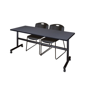 Kobe Flip Top Training Table and Chair Package, Kobe 72" x 24" Flip Top Mobile Nesting Table with 2 Zeng Stack Chairs