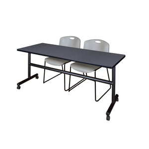 Kobe Flip Top Training Table and Chair Package, Kobe 72" x 24" Flip Top Mobile Nesting Table with 2 Zeng Stack Chairs