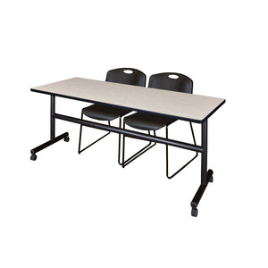 Kobe Flip Top Training Table and Chair Package, Kobe 72" x 24" Flip Top Mobile Nesting Table with 2 Zeng Stack Chairs