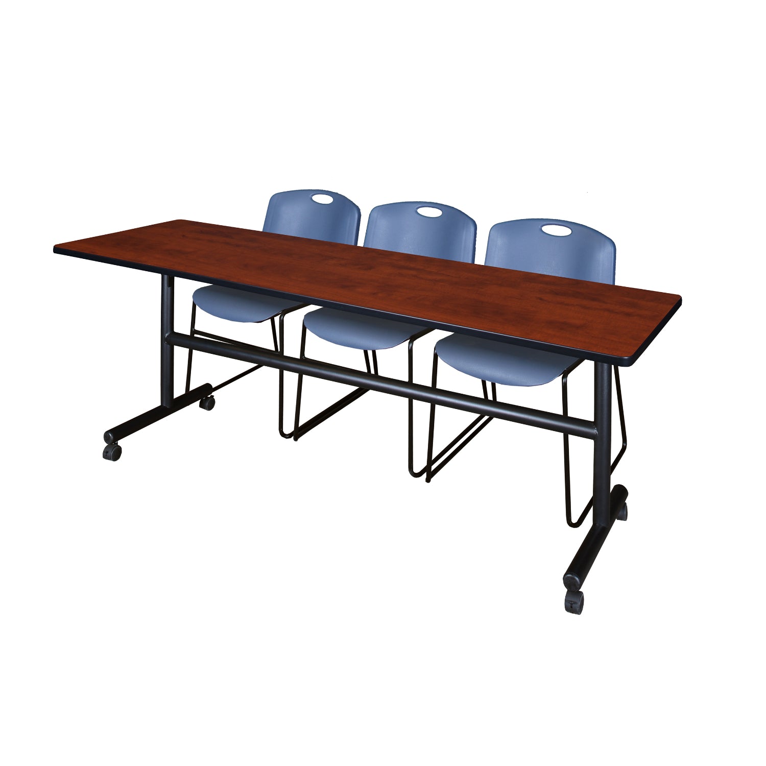 Kobe Flip Top Training Table and Chair Package, Kobe 84" x 24" Flip Top Mobile Nesting Table with 3 Zeng Stack Chairs