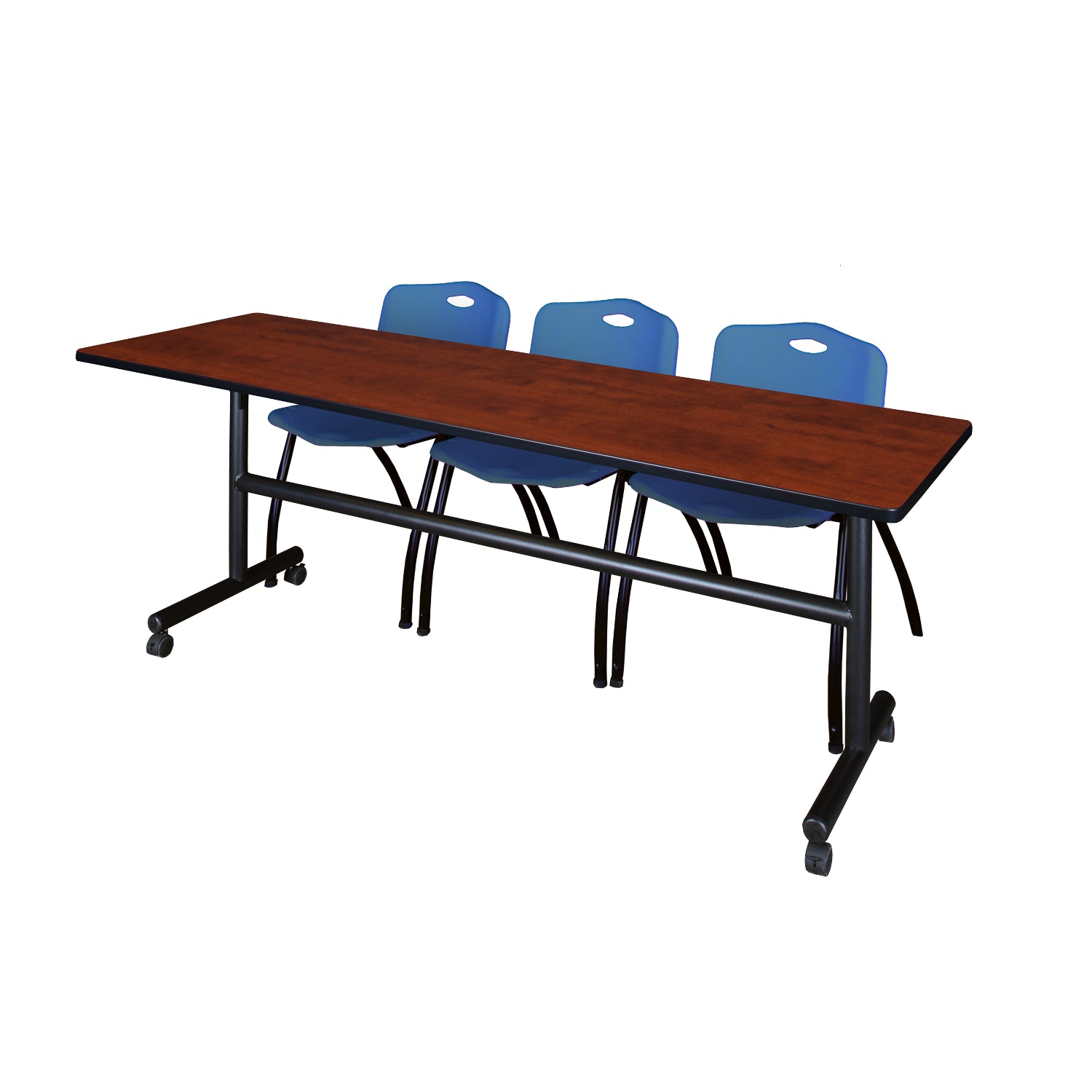 Kobe Flip Top Training Table and Chair Package, Kobe 84" x 24" Flip Top Mobile Nesting Table with 3 "M" Stack Chairs