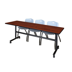 Kobe Flip Top Training Table and Chair Package, Kobe 84" x 24" Flip Top Mobile Nesting Table with 3 "M" Stack Chairs