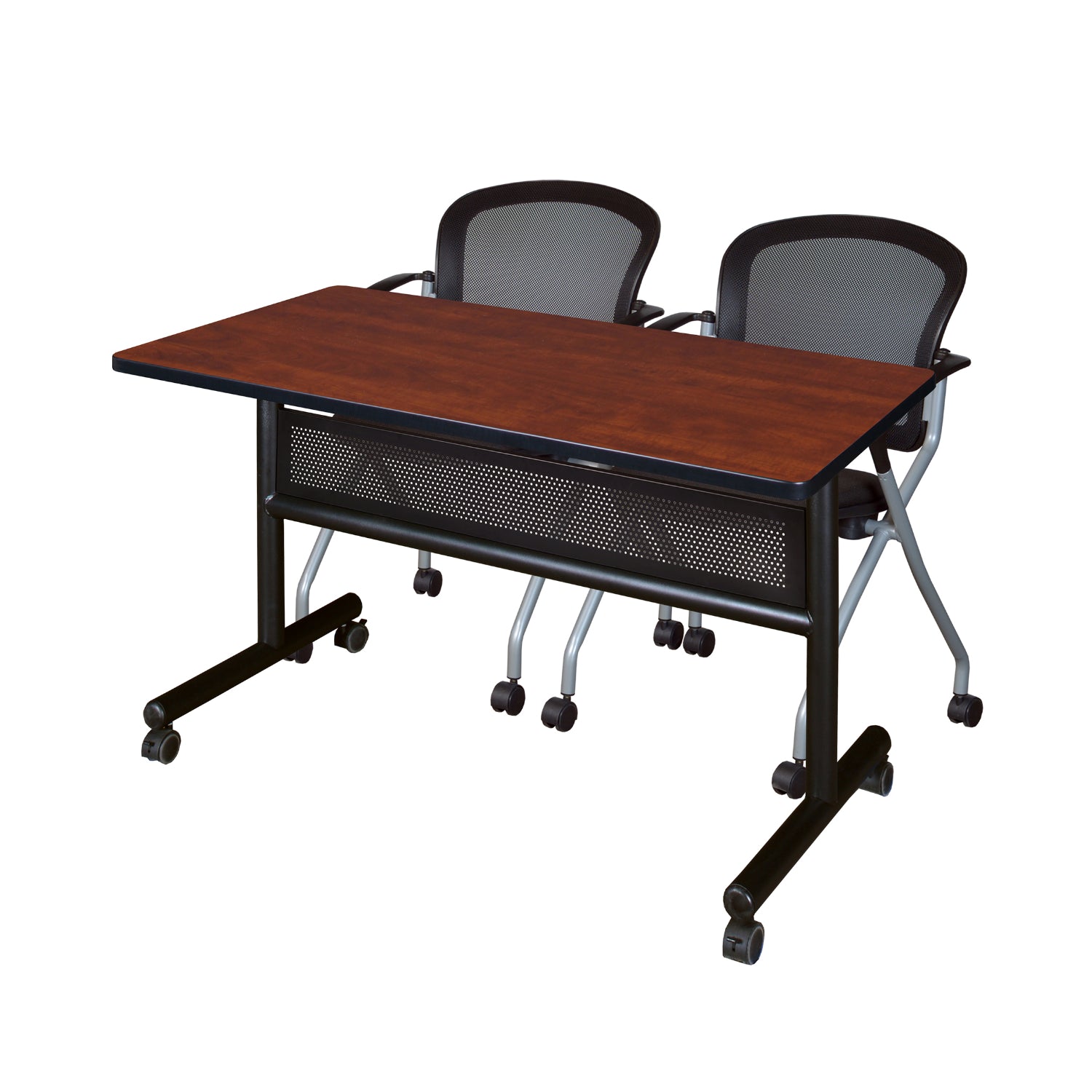 Kobe Flip Top Privacy Training Table and Chair Package, Kobe 48" x 24" Flip Top Mobile Nesting Table with Modesty Panel and 2 Cadence Nesting Chairs