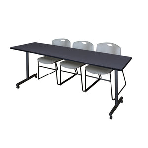 Kobe Mobile Training Table and Chair Package, Kobe 84" x 24" Mobile T-Base Training/Seminar Table with 3 Zeng Stack Chairs