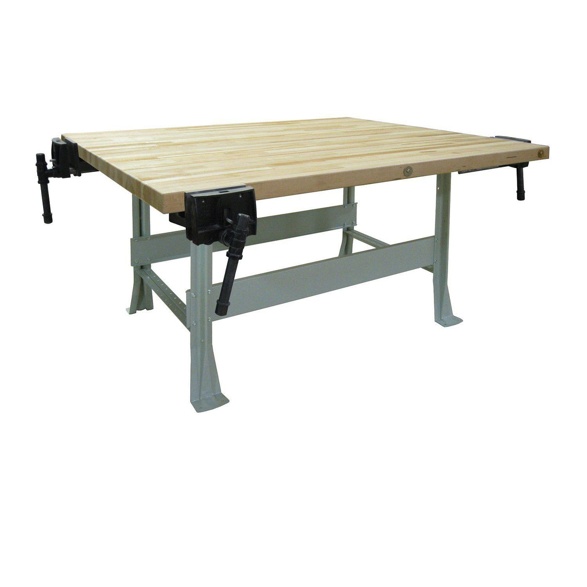 Multi-Purpose Four Station Workbench, Steel Leg Base, 2-1/4" x 54" x 64" Hard Maple Top, 4 Vises