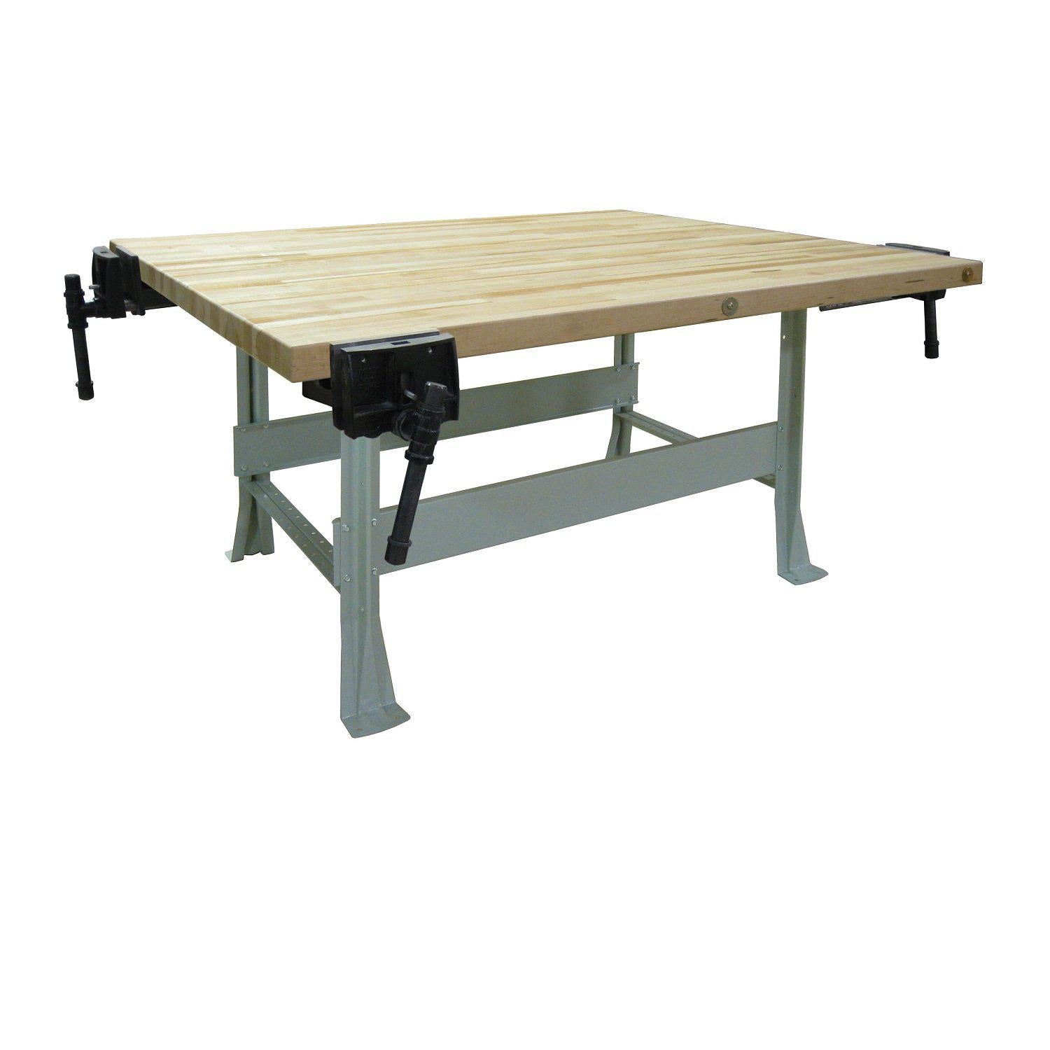 Multi-Purpose Four Station Workbench, Steel Leg Base, 2-1/4" x 54" x 64" Hard Maple Top, 4 Vises