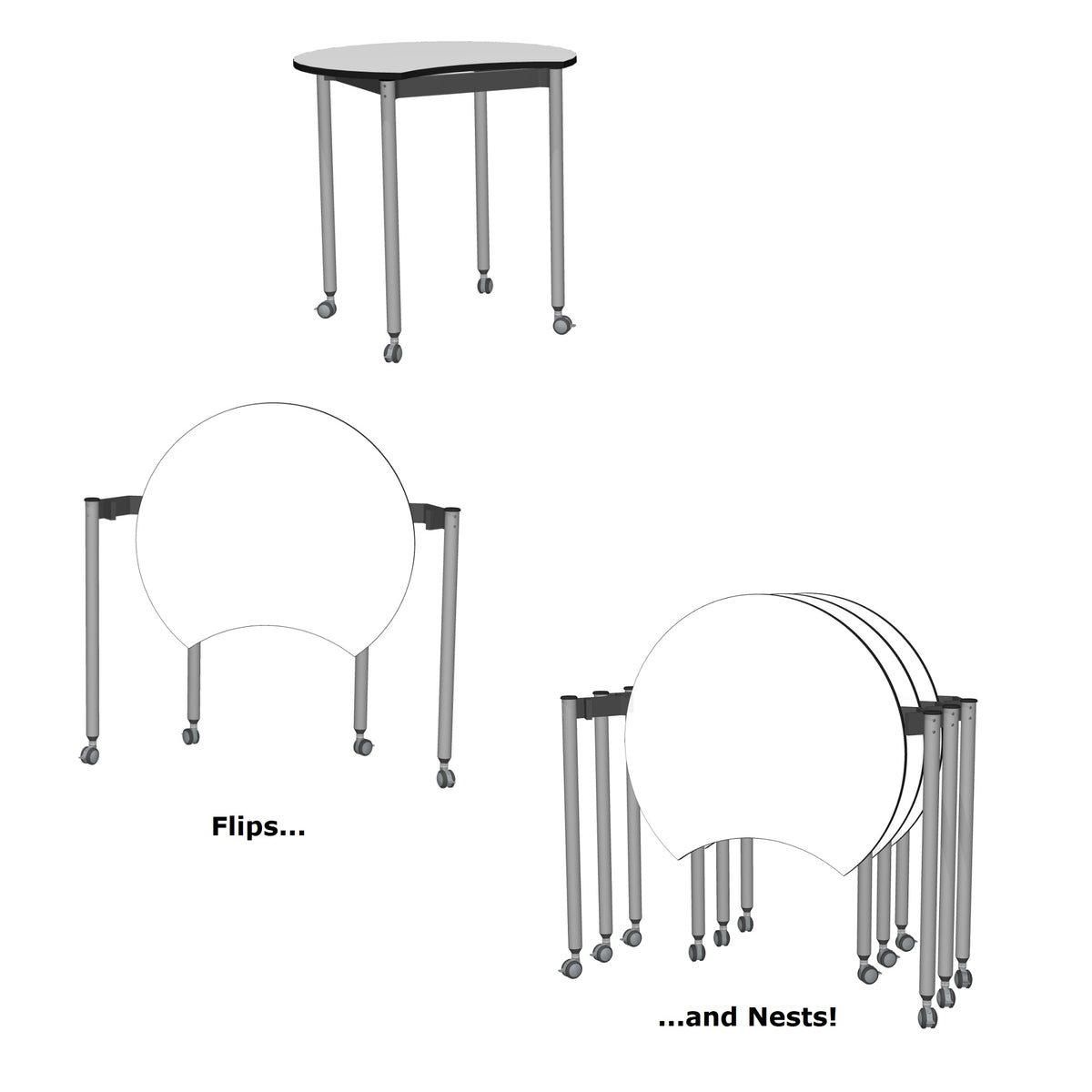 Muzo Tall Kite® Standing Height Mini Mobile Dry-Erase Flip-Top Folding/Nesting Table, 42" Crescent