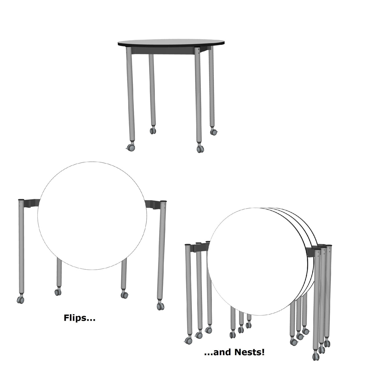 Muzo Tall Kite® Standing Height Mini Mobile Dry-Erase Flip-Top Folding/Nesting Table, 42" Full Circle
