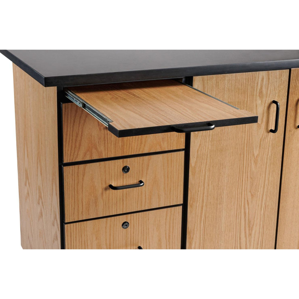 MSC Series Mobile Science Cart with External Drawers and Pegboard, Chem-Res Top and Whiteboard/Mirror