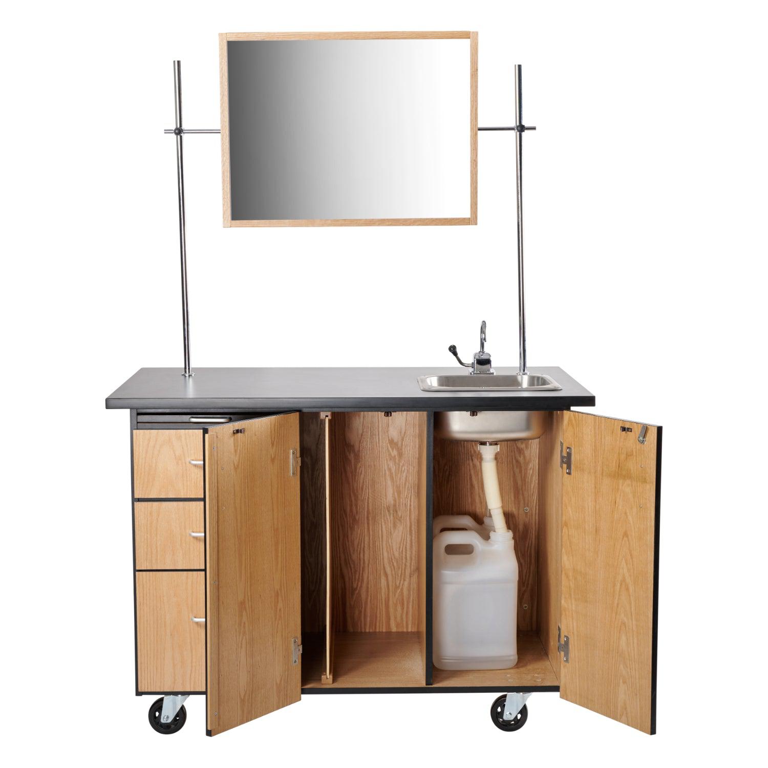 MSC Series Mobile Science Cart with External Drawers and Pegboard, Chem-Res Top, Sink and Whiteboard/Mirror