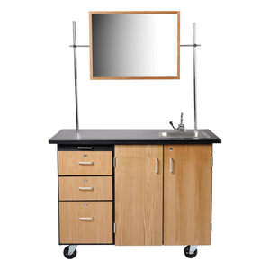 MSC Series Mobile Science Cart with External Drawers and Pegboard, Chem-Res Top, Sink and Whiteboard/Mirror