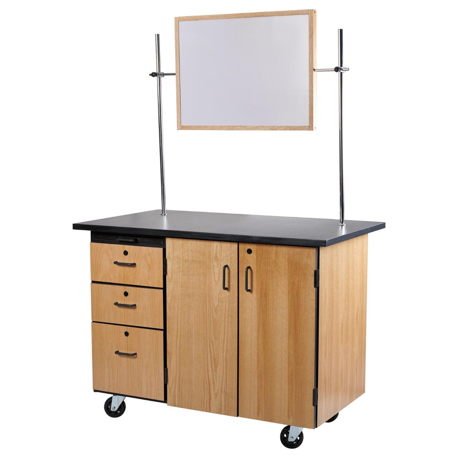 MSC Series Mobile Science Cart with External Drawers and Pegboard, Chem-Res Top and Whiteboard/Mirror