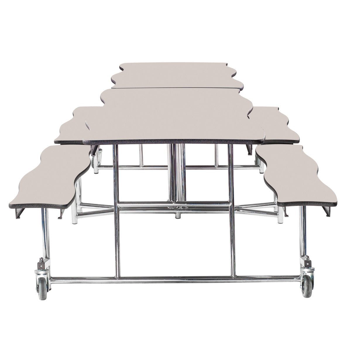 Mobile Cafeteria Table with Benches, 8' Swerve, Plywood Core, Vinyl T-Mold Edge, Chrome Frame