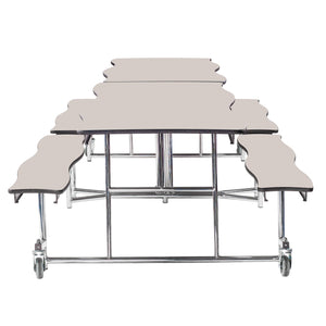 Mobile Cafeteria Table with Benches, 10' Swerve, Particleboard Core, Vinyl T-Mold Edge, Chrome Frame