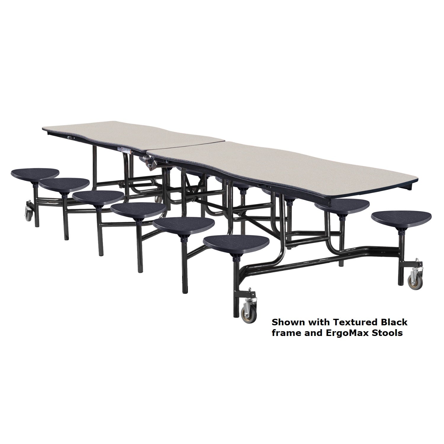 Mobile Cafeteria Table with 12 Stools, 10' Swerve, MDF Core, Black ProtectEdge, Textured Black Frame