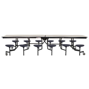Mobile Cafeteria Table with 12 Stools, 10' Swerve, MDF Core, Black ProtectEdge, Chrome Frame