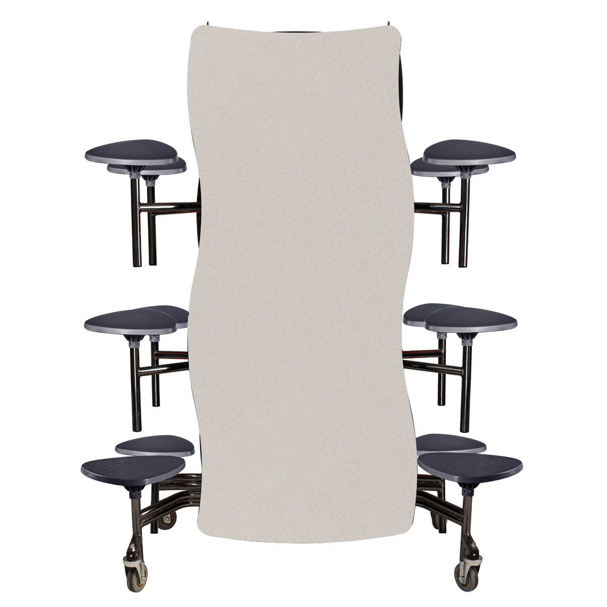 Mobile Cafeteria Table with 12 Stools, 10' Swerve, Plywood Core, Vinyl T-Mold Edge, Textured Black Frame