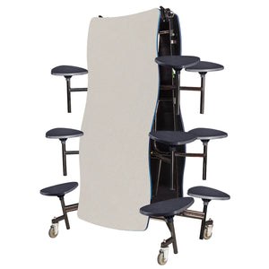 Mobile Cafeteria Table with 12 Stools, 10' Swerve, Plywood Core, Vinyl T-Mold Edge, Chrome Frame