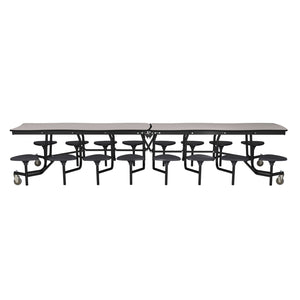 Mobile Cafeteria Table with 16 Stools, 12' Swerve, MDF Core, Black ProtectEdge, Chrome Frame