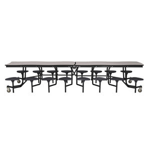 Mobile Cafeteria Table with 16 Stools, 12' Swerve, Plywood Core, Vinyl T-Mold Edge, Chrome Frame