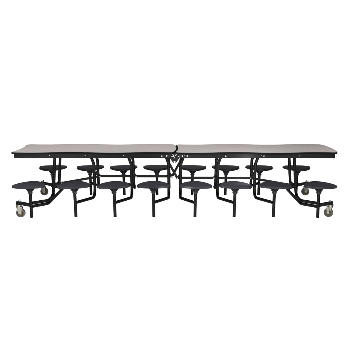 Mobile Cafeteria Table with 16 Stools, 12' Swerve, Particleboard Core, Vinyl T-Mold Edge, Chrome Frame