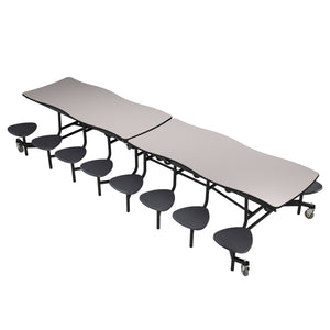Mobile Cafeteria Table with 16 Stools, 12' Swerve, Plywood Core, Vinyl T-Mold Edge, Chrome Frame