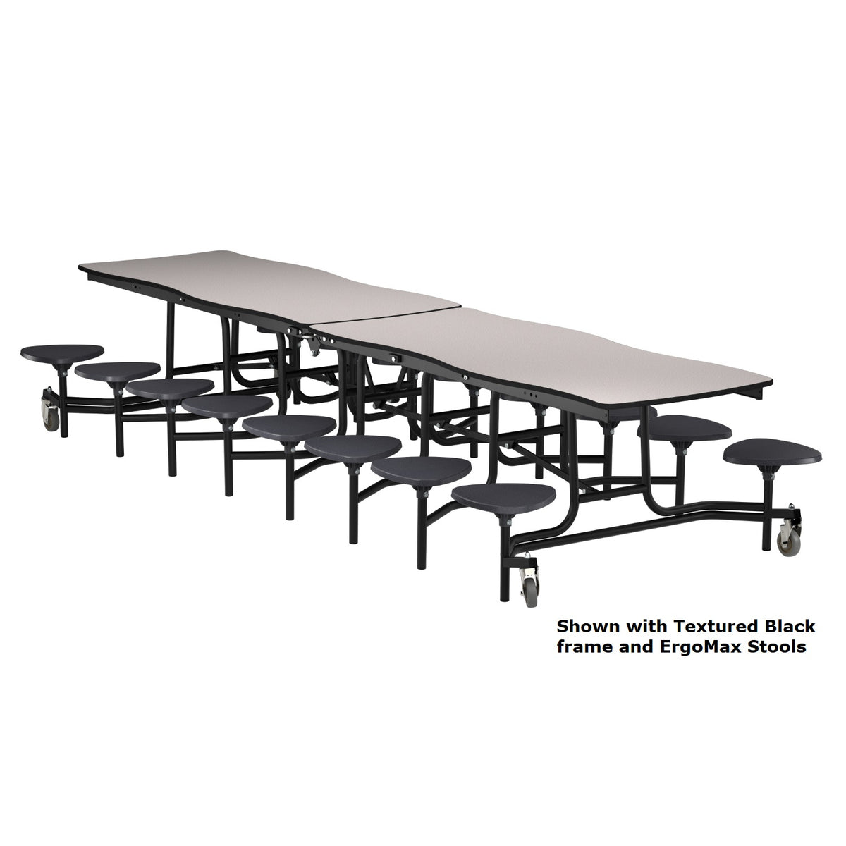 Mobile Cafeteria Table with 16 Stools, 12' Swerve, MDF Core, Black ProtectEdge, Chrome Frame