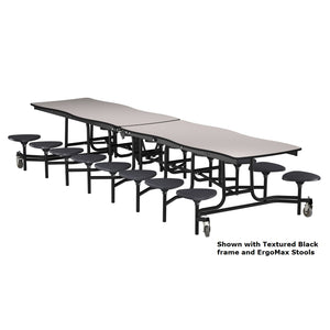 Mobile Cafeteria Table with 16 Stools, 12' Swerve, Particleboard Core, Vinyl T-Mold Edge, Chrome Frame