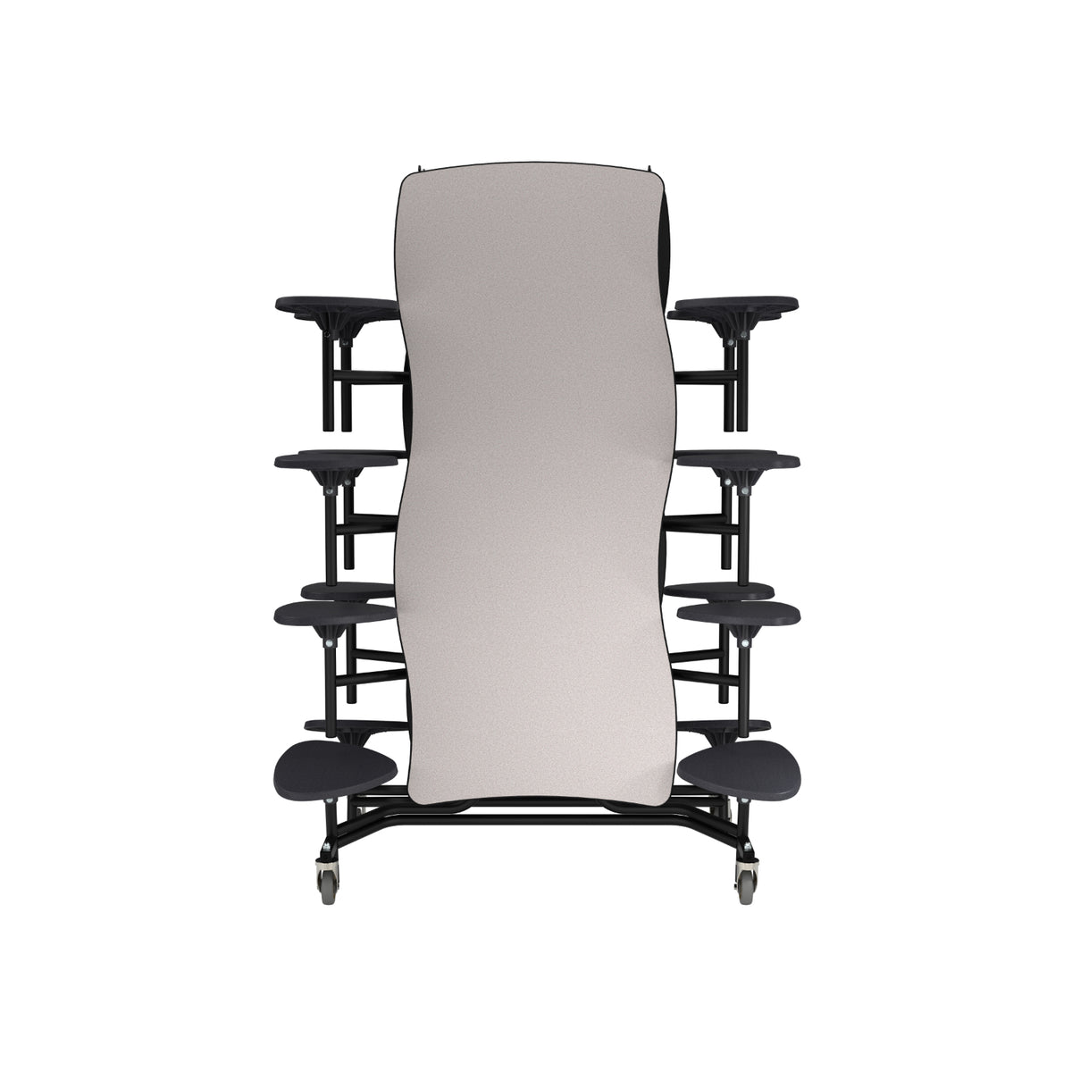 Mobile Cafeteria Table with 16 Stools, 12' Swerve, Plywood Core, Vinyl T-Mold Edge, Chrome Frame