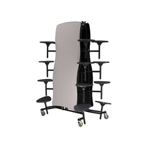 Mobile Cafeteria Table with 16 Stools, 12' Swerve, MDF Core, Black ProtectEdge, Chrome Frame