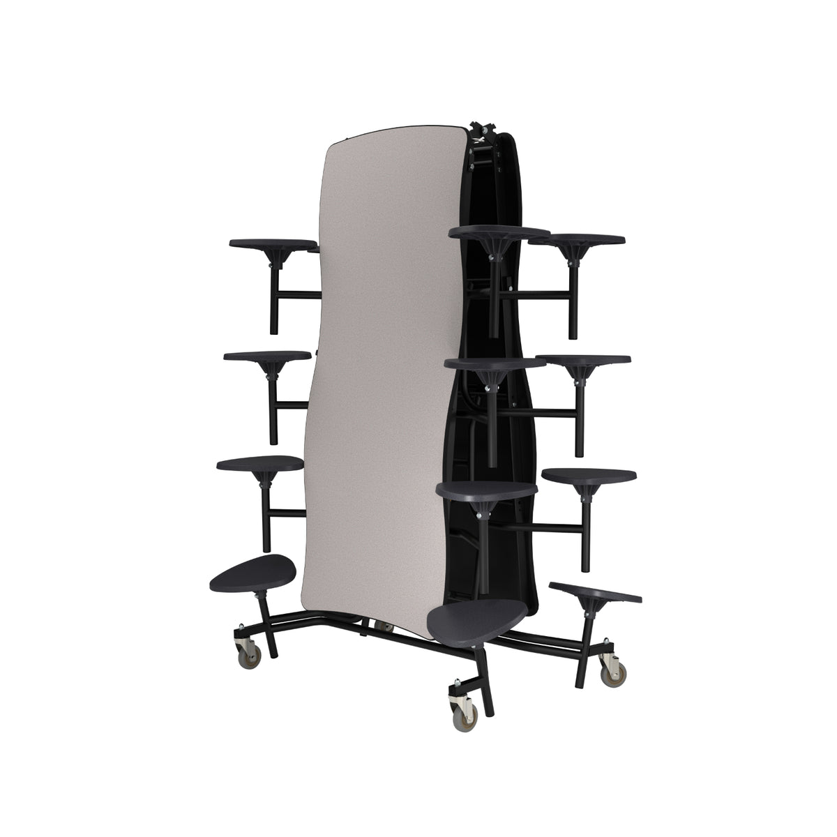 Mobile Cafeteria Table with 16 Stools, 12' Swerve, Particleboard Core, Vinyl T-Mold Edge, Chrome Frame