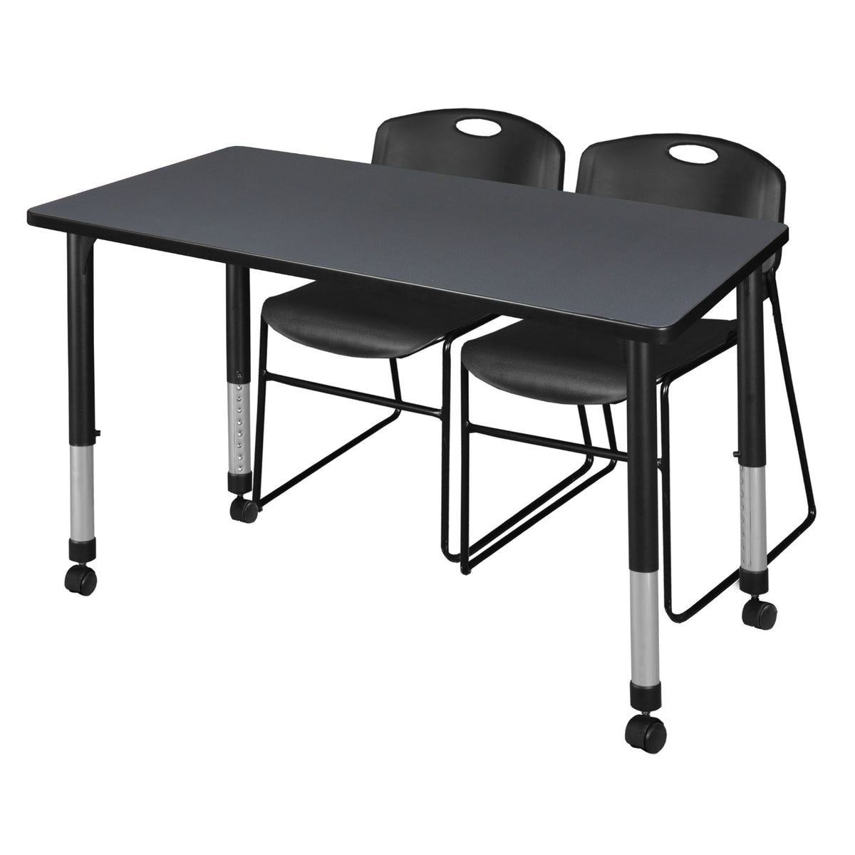 Kee Classroom Table and Chair Package, Kee 48" x 24" Rectangular Mobile Adjustable Height Table with 2 Black Zeng Stack Chairs