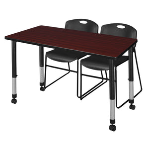 Kee Classroom Table and Chair Package, Kee 48" x 24" Rectangular Mobile Adjustable Height Table with 2 Black Zeng Stack Chairs