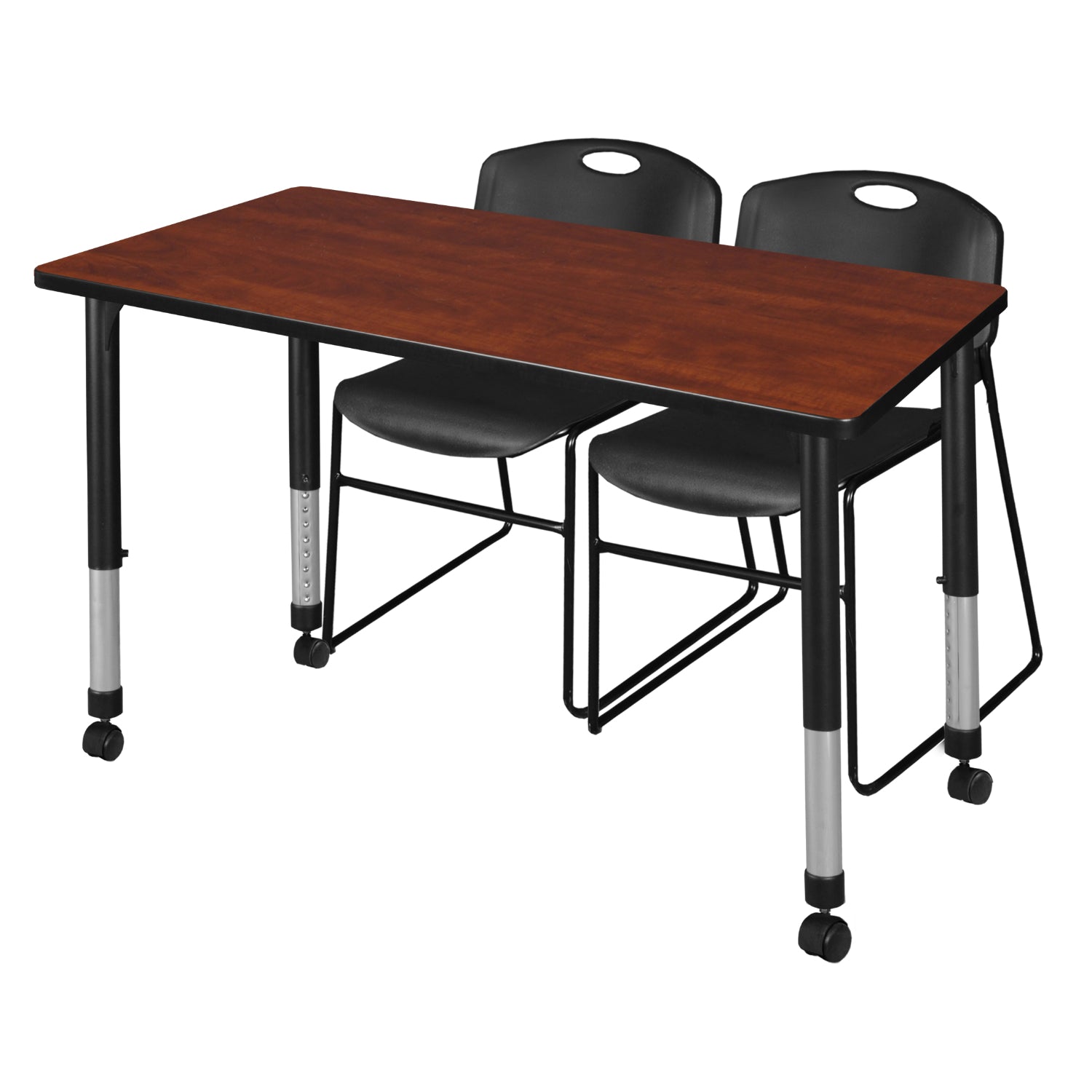 Kee Classroom Table and Chair Package, Kee 48" x 30" Rectangular Mobile Adjustable Height Table with 2 Black Zeng Stack Chairs