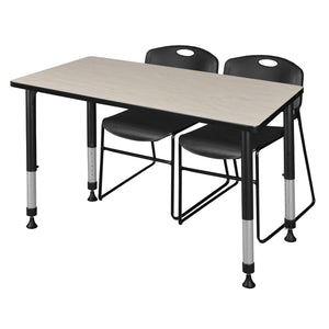 Kee Classroom Table and Chair Package, Kee 48" x 30" Rectangular Adjustable Height Table with 2 Black Zeng Stack Chairs