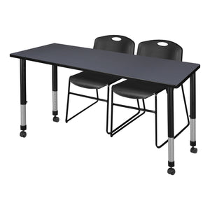 Kee Classroom Table and Chair Package, Kee 60" x 24" Rectangular Mobile Adjustable Height Table with 2 Black Zeng Stack Chairs