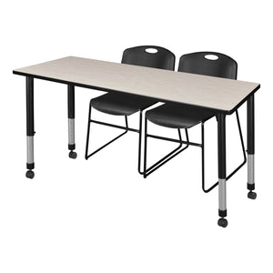 Kee Classroom Table and Chair Package, Kee 66" x 24" Rectangular Mobile Adjustable Height Table with 2 Black Zeng Stack Chairs
