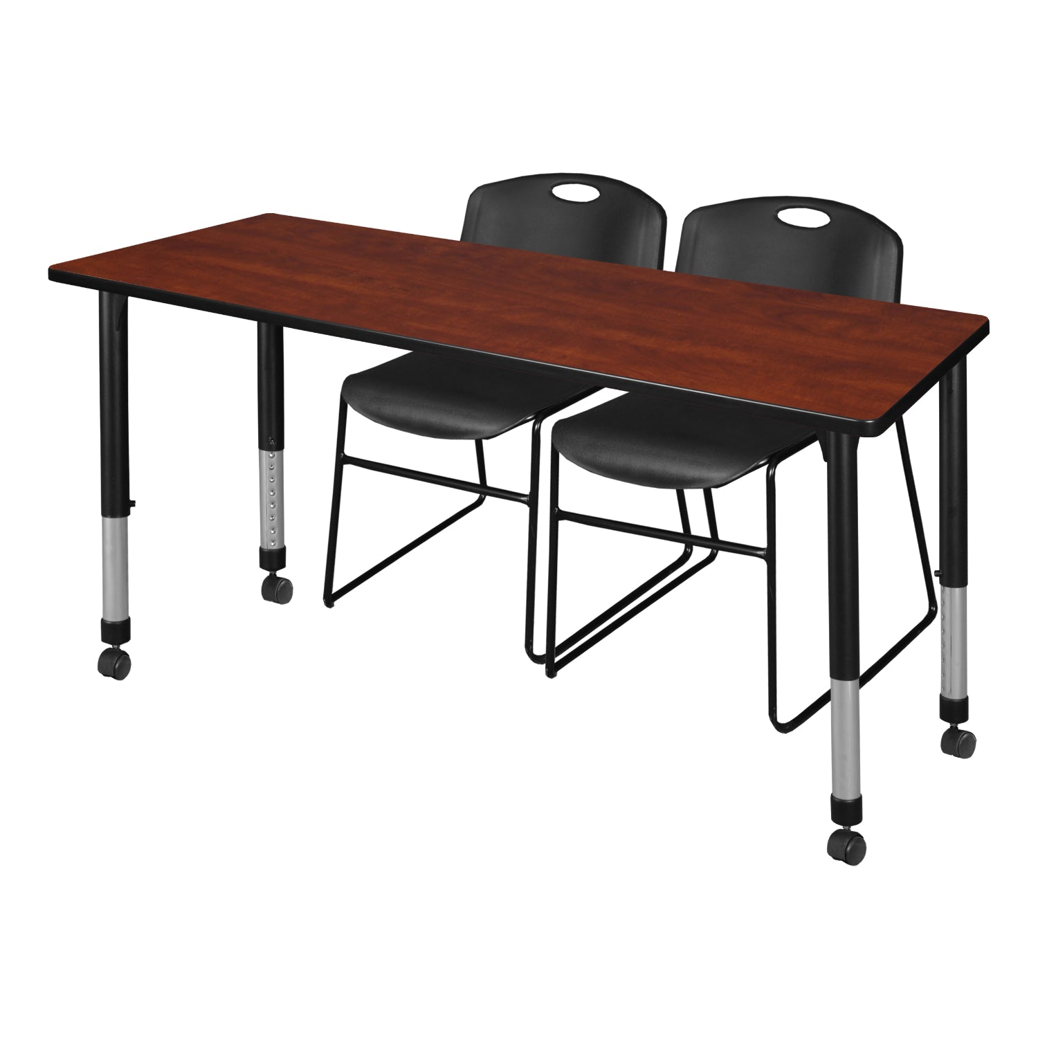 Kee Classroom Table and Chair Package, Kee 72" x 30" Rectangular Mobile Adjustable Height Table with 2 Black Zeng Stack Chairs