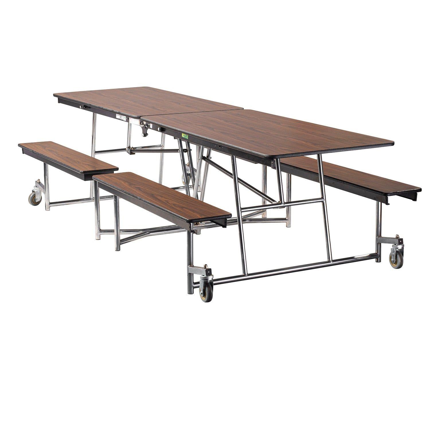 Mobile Cafeteria Table with Benches, 10'L, Plywood Core, Vinyl T-Mold Edge, Chrome Frame