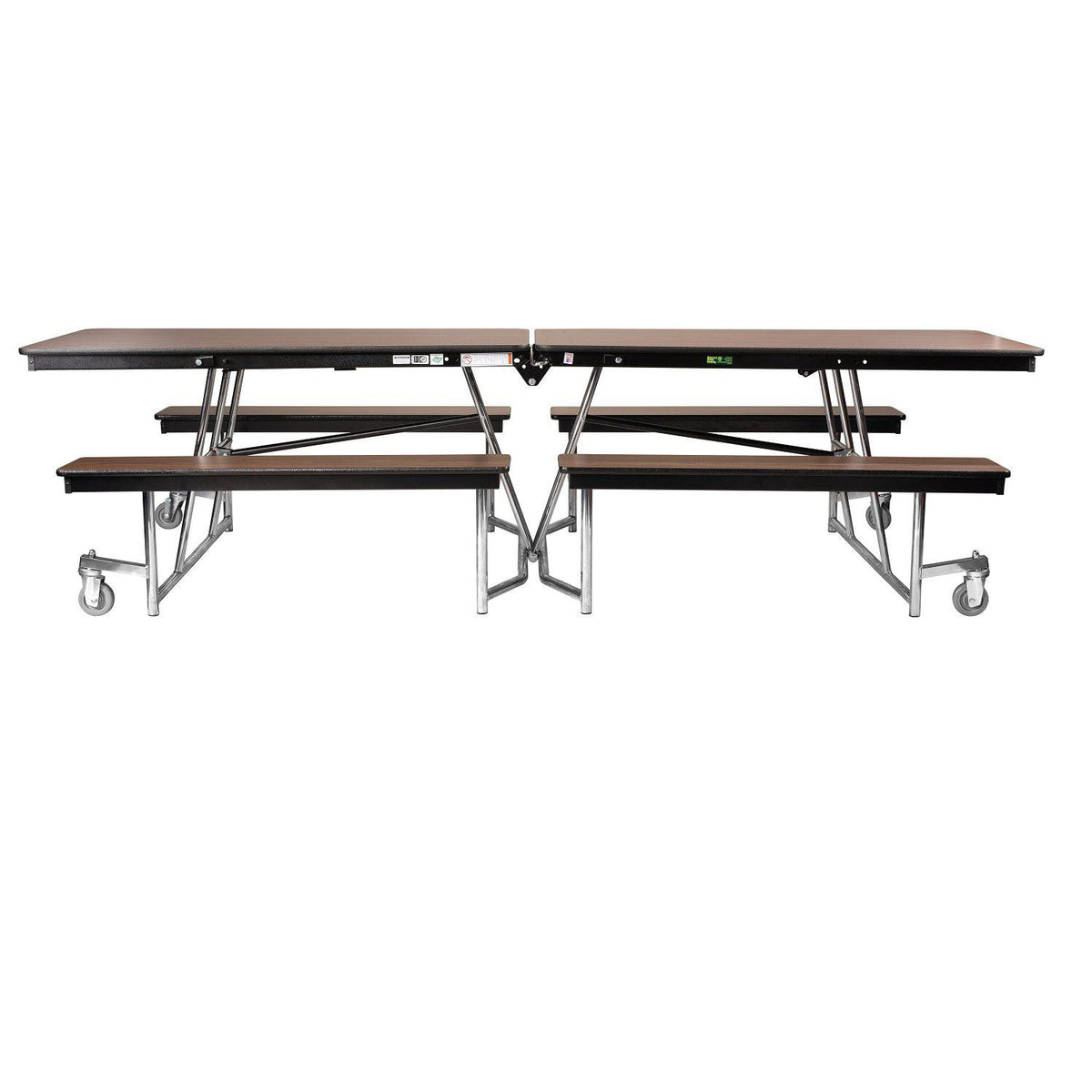 Mobile Cafeteria Table with Benches, 10'L, MDF Core, Black ProtectEdge, Chrome Frame