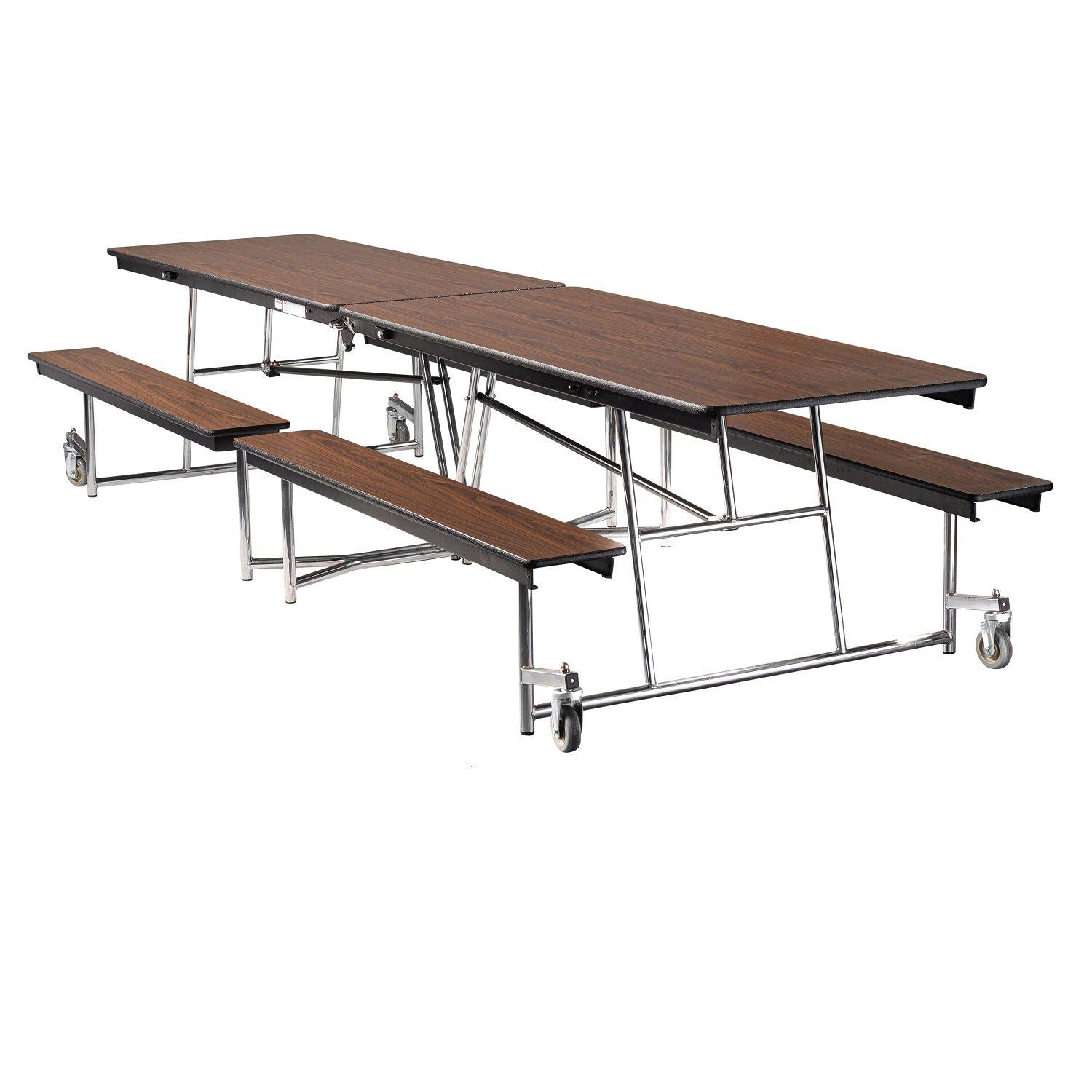 Mobile Cafeteria Table with Benches, 12'L, Particleboard Core, Vinyl T-Mold Edge, Chrome Frame
