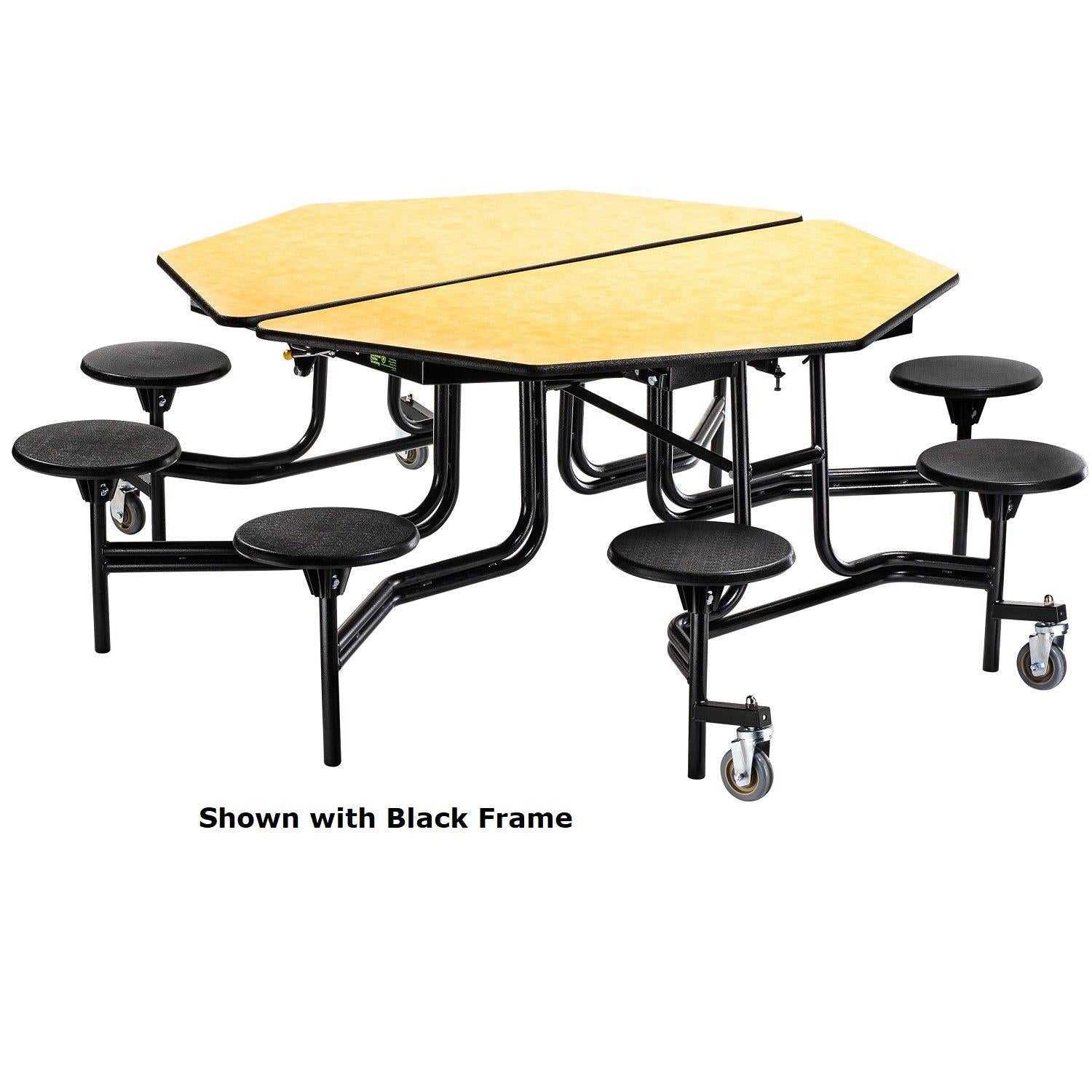 Mobile Cafeteria Table with 8 Stools, 60" Octagon, Particleboard Core, Vinyl T-Mold Edge, Textured Black Frame