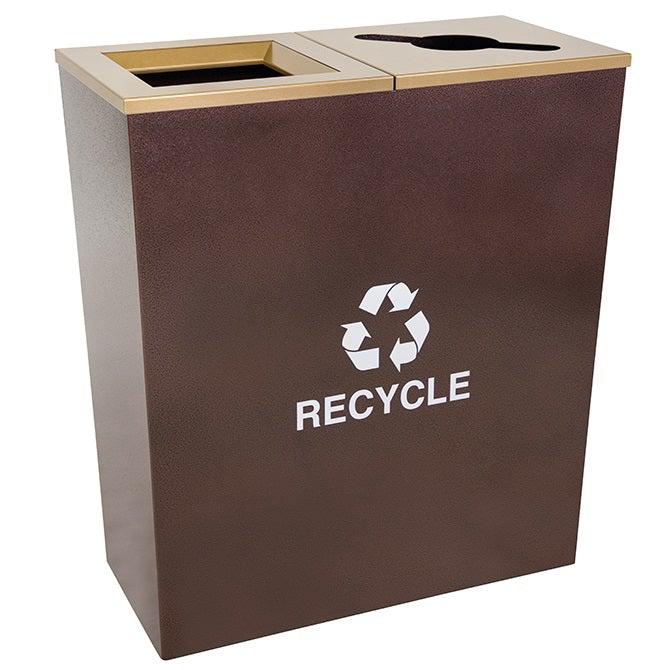 Metro Collection Two Stream Tapered Indoor Recycling Receptacle, Hammered Copper Finish with Gold Lids