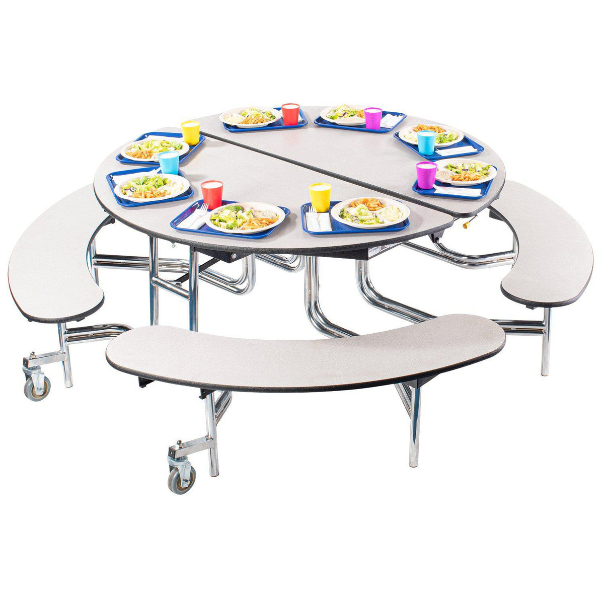 Mobile Cafeteria Table with Benches, 60" Round, Particleboard Core, Vinyl T-Mold Edge, Chrome Frame