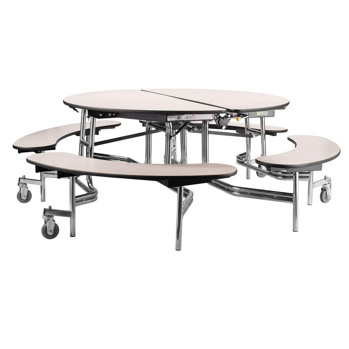 Mobile Cafeteria Table with Benches, 60" Round, Plywood Core, Vinyl T-Mold Edge, Chrome Frame