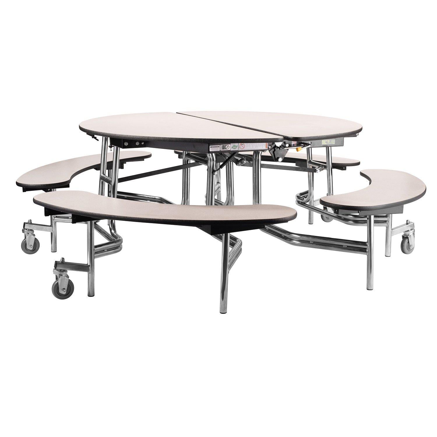 Mobile Cafeteria Table with Benches, 60" Round, Plywood Core, Vinyl T-Mold Edge, Chrome Frame