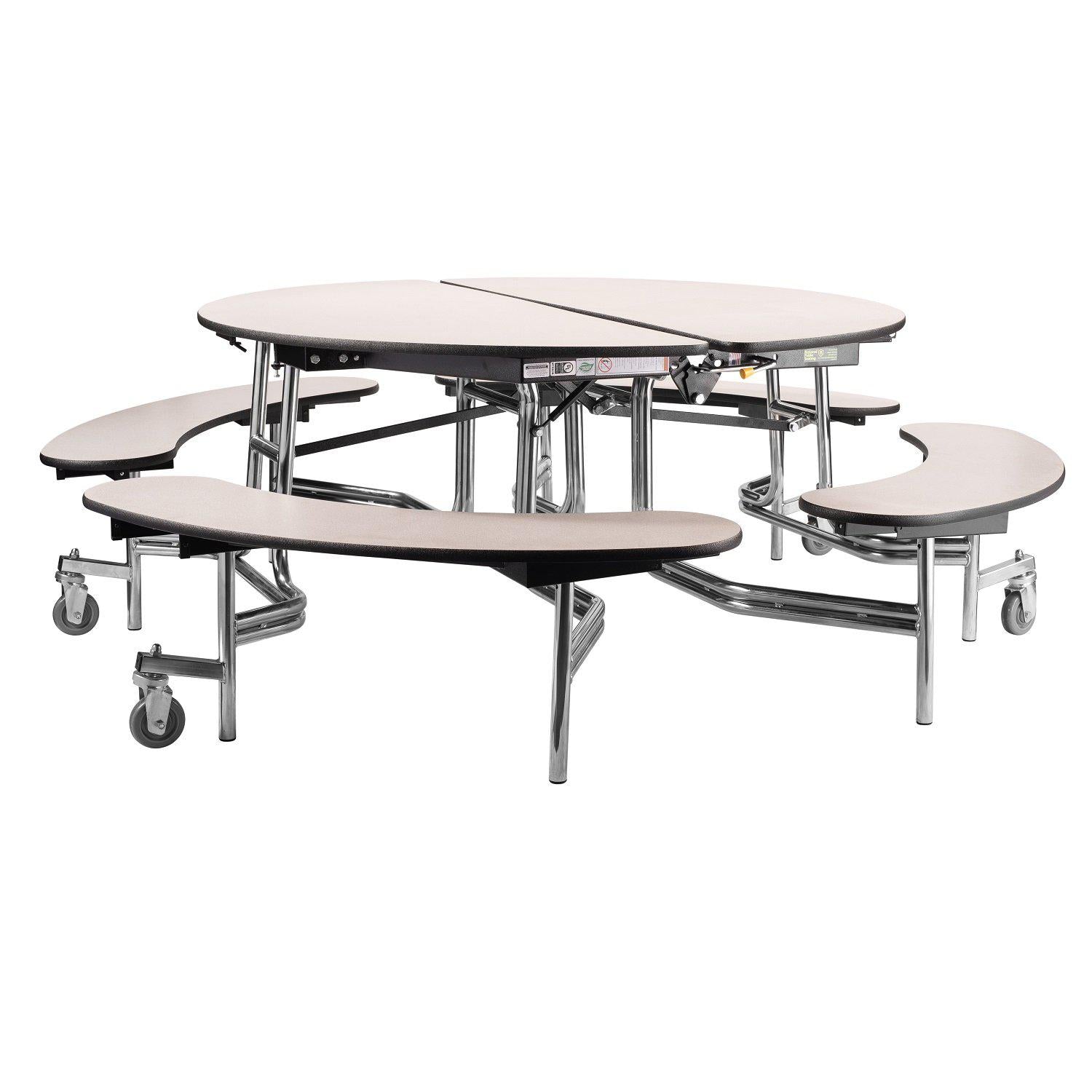 Mobile Cafeteria Table with Benches, 60" Round, MDF Core, Black ProtectEdge, Chrome Frame