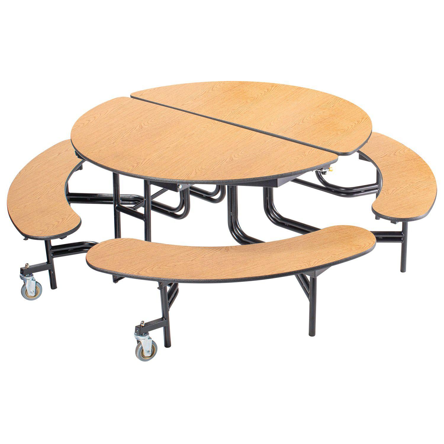 Mobile Cafeteria Table with Benches, 60" Round, Plywood Core, Vinyl T-Mold Edge, Textured Black Frame