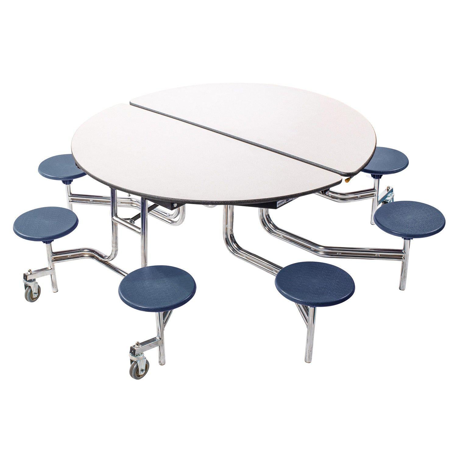 Mobile Cafeteria Table with 8 Stools, 60" Round, Particleboard Core, Vinyl T-Mold Edge, Chrome Frame