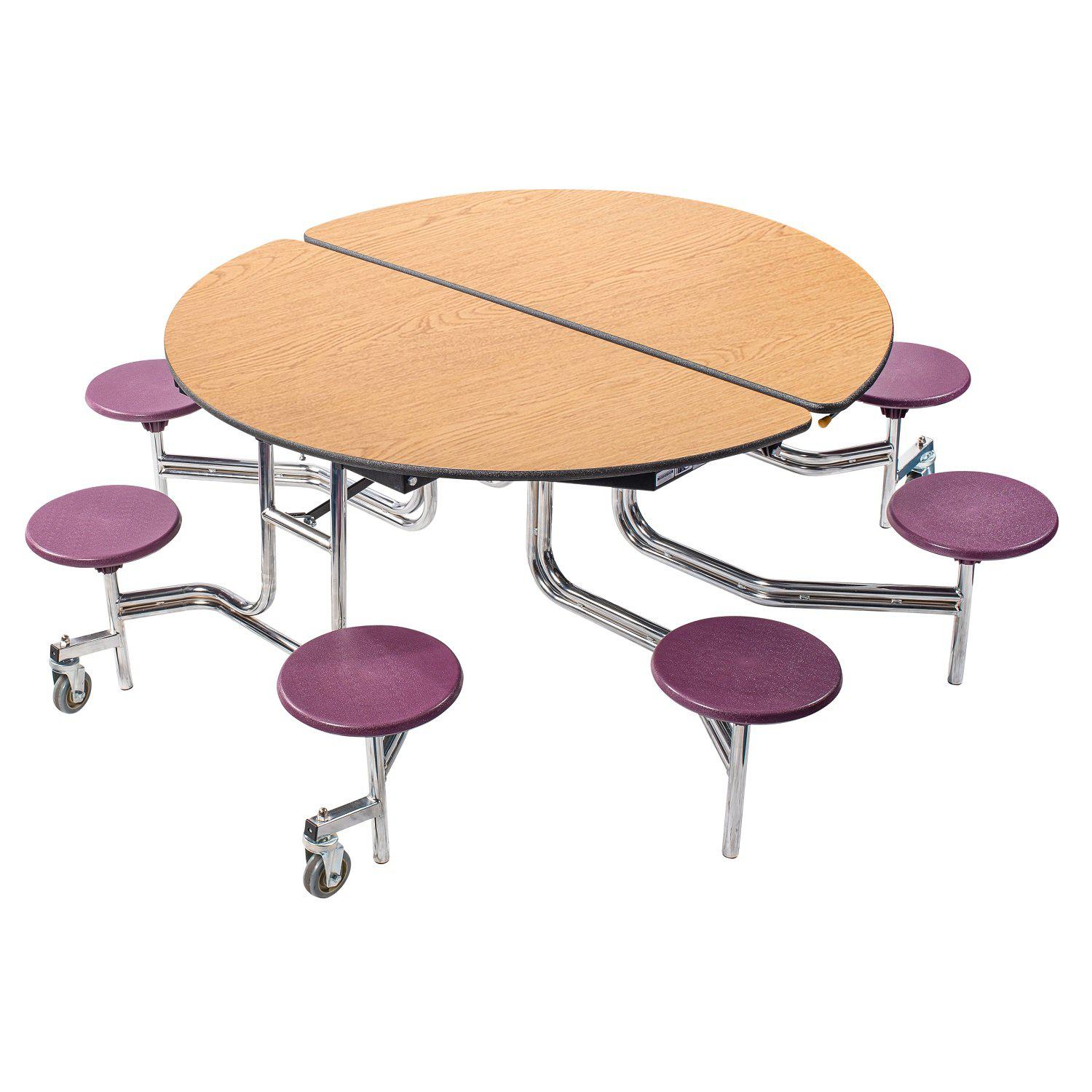 Mobile Cafeteria Table with 8 Stools, 60" Round, Plywood Core, Vinyl T-Mold Edge, Chrome Frame
